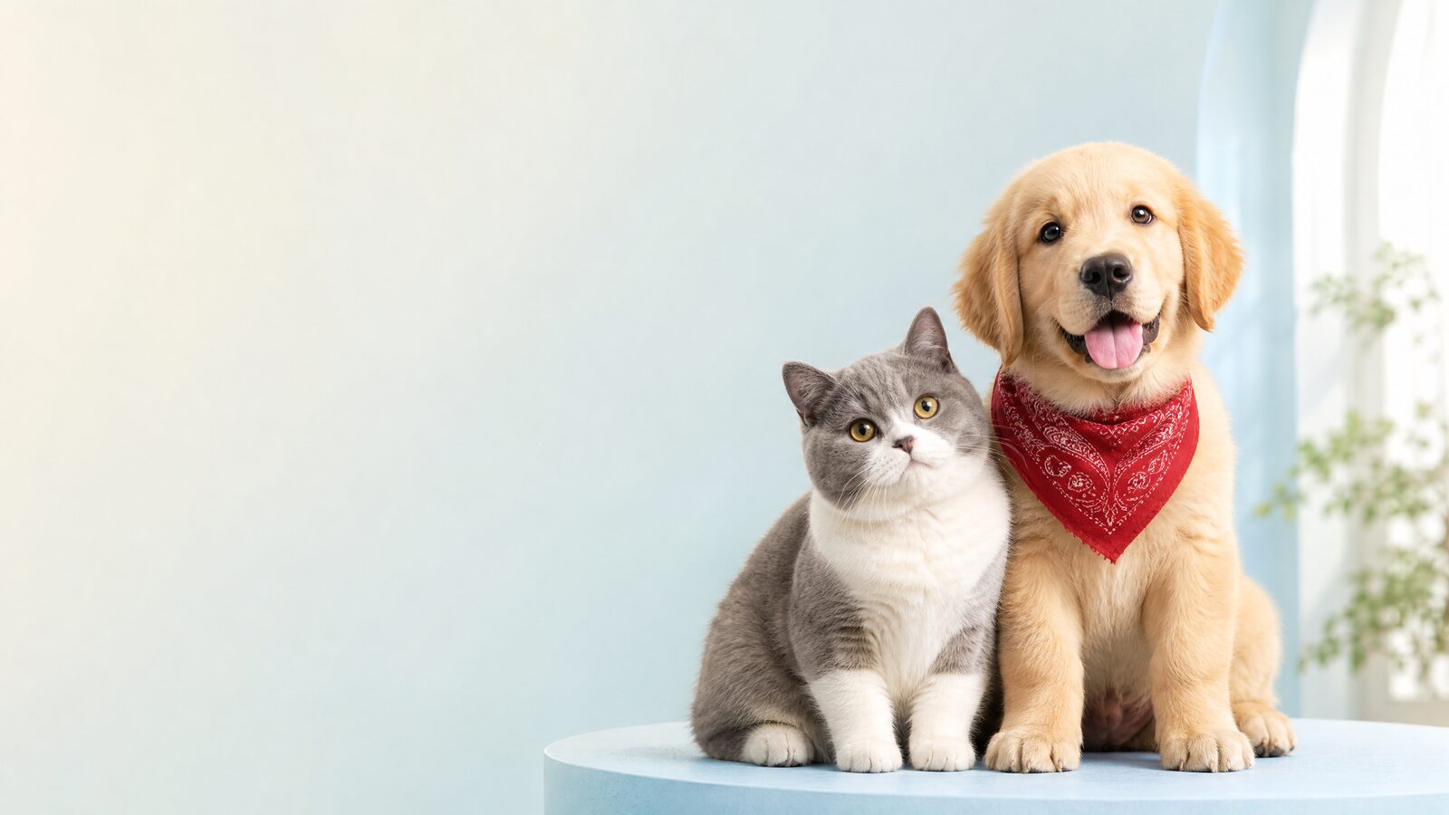 A golden retriever and grey cat together in a bright, caring setting